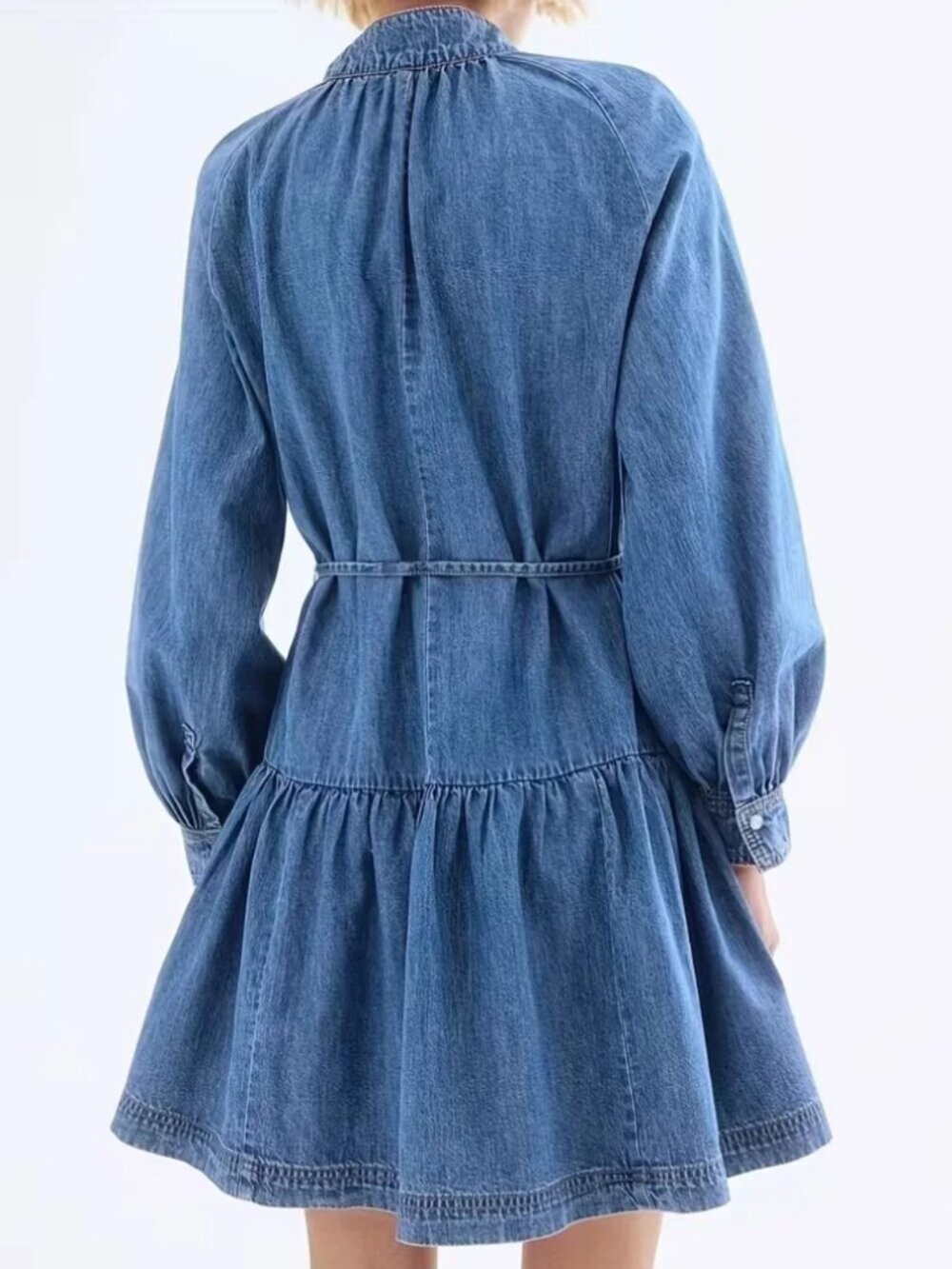 Lantern Sleeve Waist Tie Denim Dress - Picture 3 of 5